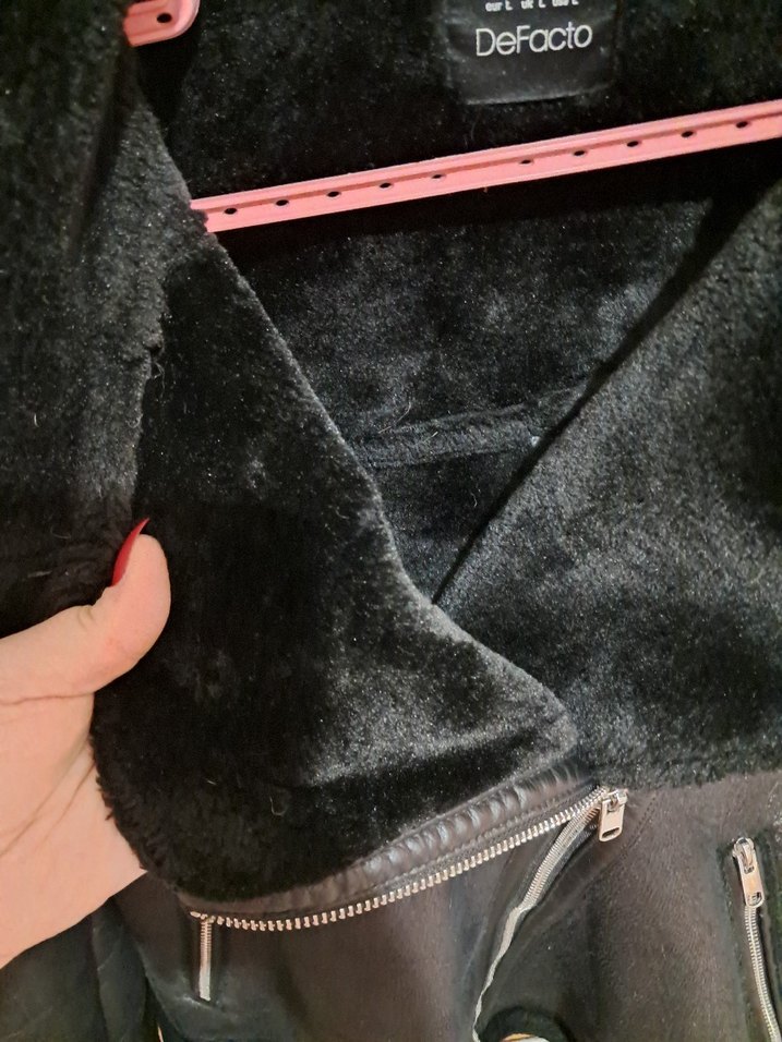 Kürklü Siyah Deri Biker Ceket - Görsel 3