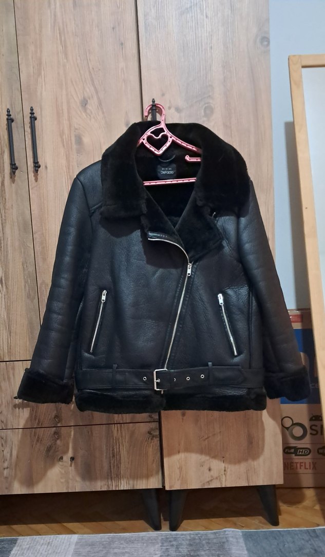 Kürklü Siyah Deri Biker Ceket - Görsel 2