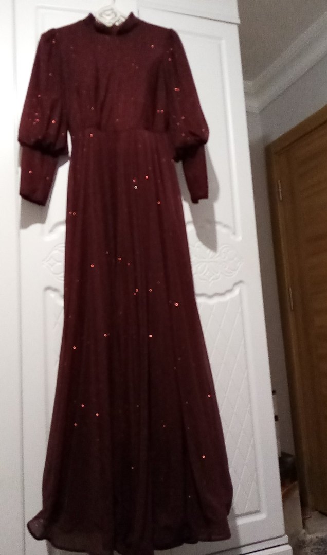 Bordo Uzun Kollu Kadın Abiye Elbise - Görsel 2