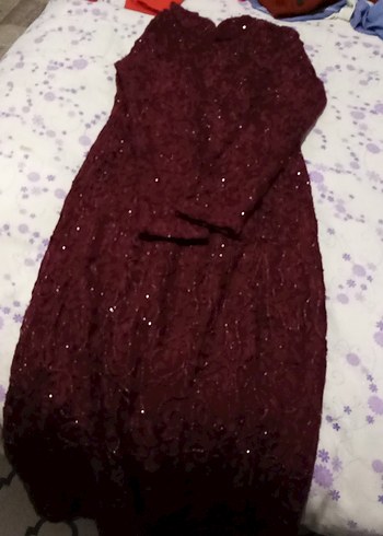 Bordo Dantel Uzun Kollu Kadın Abiye Elbise - Görsel 2