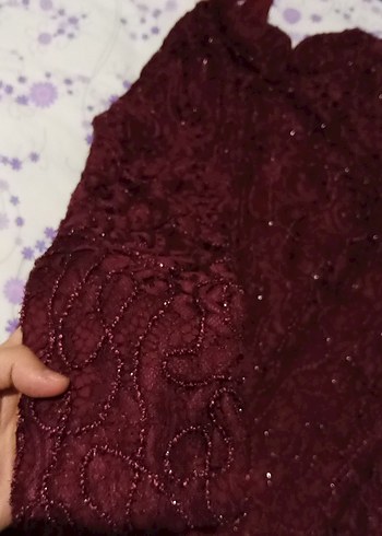 Bordo Dantel Uzun Kollu Kadın Abiye Elbise - Görsel 4