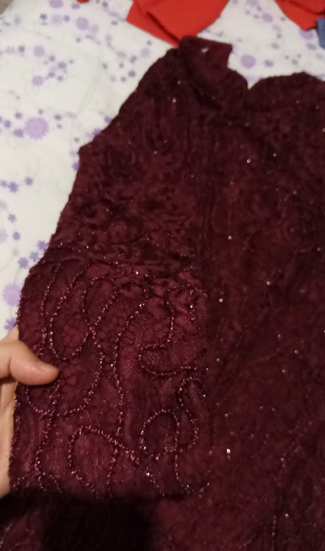 Bordo Dantel Uzun Kollu Kadın Abiye Elbise - Görsel 4