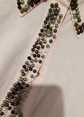 Toz Pembe Çakma Boncuklu Kadın Gömlek - Görsel 2