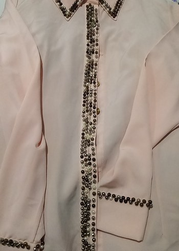 Toz Pembe Çakma Boncuklu Kadın Gömlek - Görsel 3