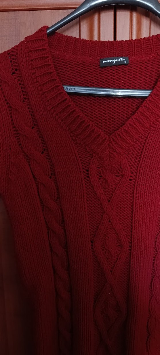 Bordo V Yaka Örgü Kadın Kazak - Görsel 2