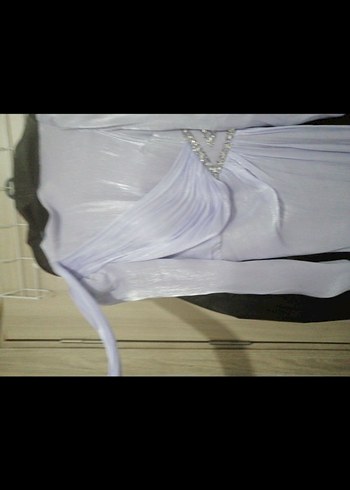 Mor Yüksek Yakalı Uzun Drapeli Abiye Elbise - Görsel 5