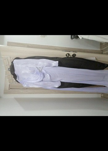 Mor Yüksek Yakalı Uzun Drapeli Abiye Elbise - Görsel 4