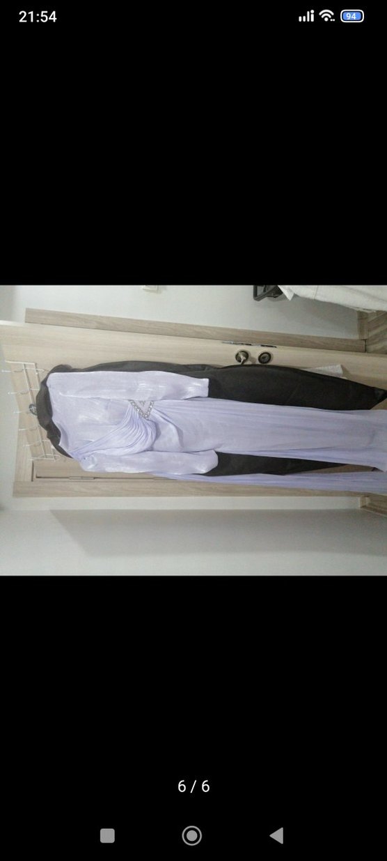 Mor Yüksek Yakalı Uzun Drapeli Abiye Elbise - Görsel 4