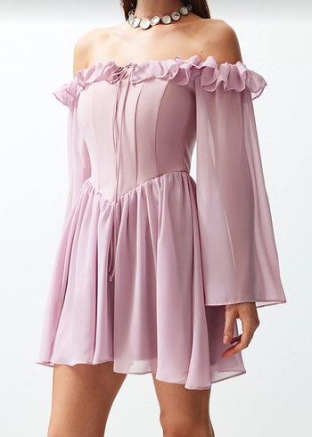 Trendyol & Milla Pembe Mini Fırfırlı Straplez Elbise