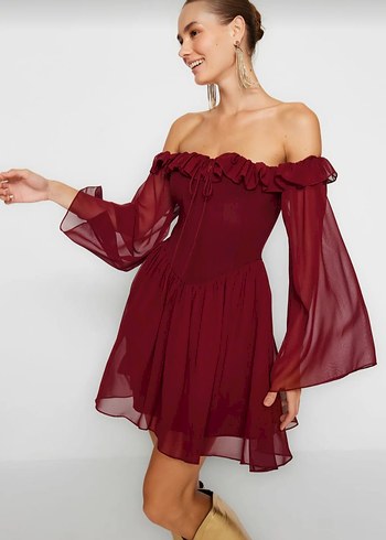 s Beden Bordo Fırfır Detaylı Straplez Mini Elbise