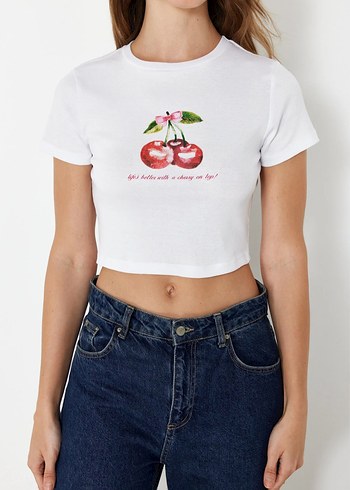 l Beden Beyaz Baskılı Crop Tişört