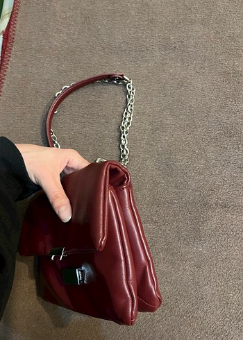 Bordo Zincir Detaylı Deri Kadın Çanta - Görsel 2