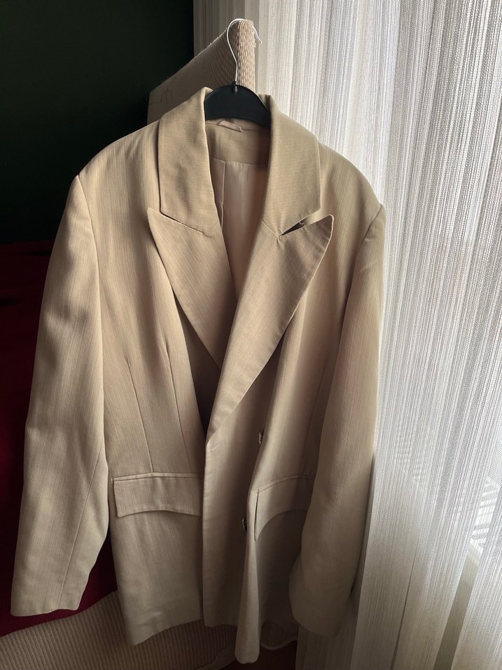 Bej Kadın Keten Midi Ceket - Görsel 2