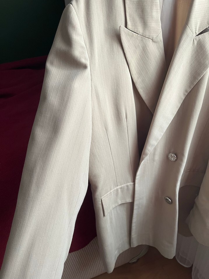 Kadın Beyaz Keten Düğmeli Blazer Ceket - Görsel 2