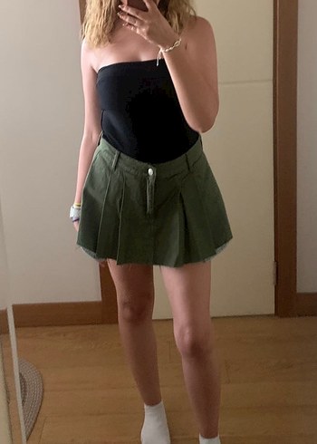 Düğmeli Açık Haki Mini Etek - Görsel 4