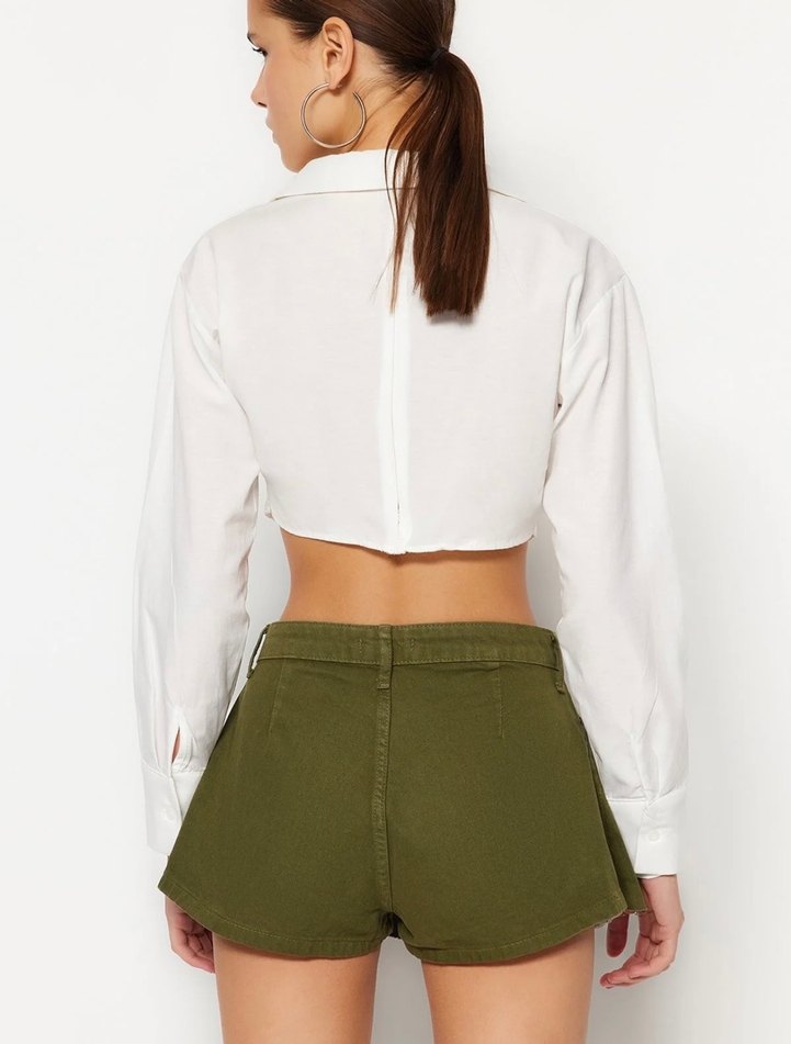 Düğmeli Açık Haki Mini Etek - Görsel 3