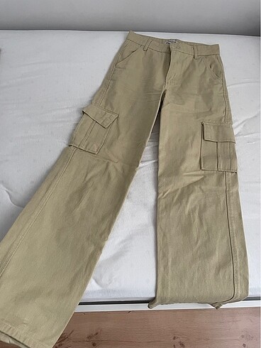 Bej Kargo Cepli Likralı Yüksek Bel Wide Leg Pantolon
