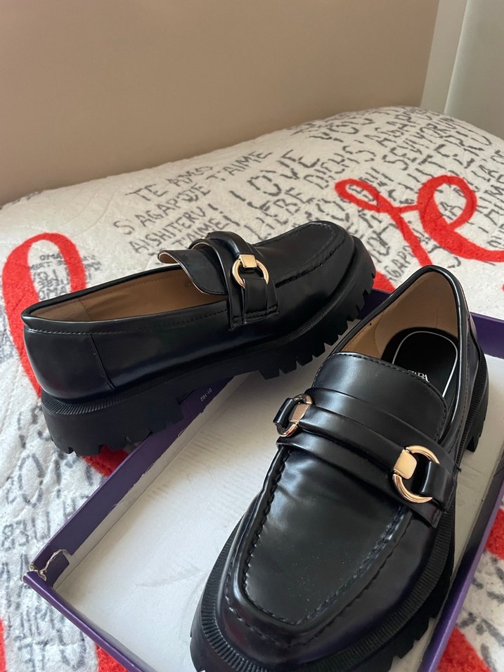 Zara Marka Tokalı Siyah Kadın Loafer Blok Topuk - Görsel 2