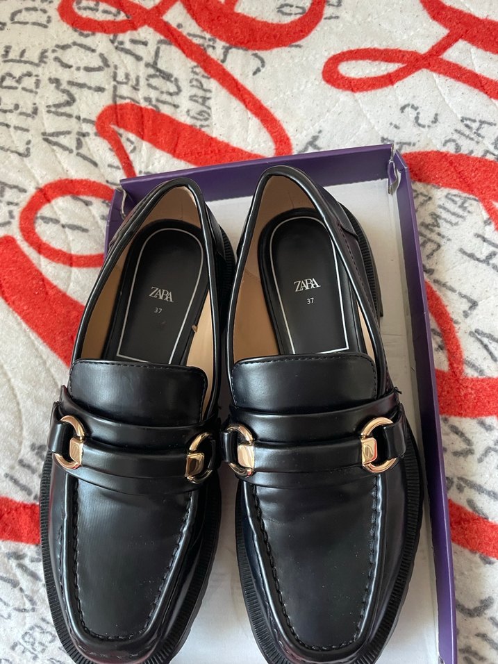 Zara Marka Tokalı Siyah Kadın Loafer Blok Topuk - Görsel 4