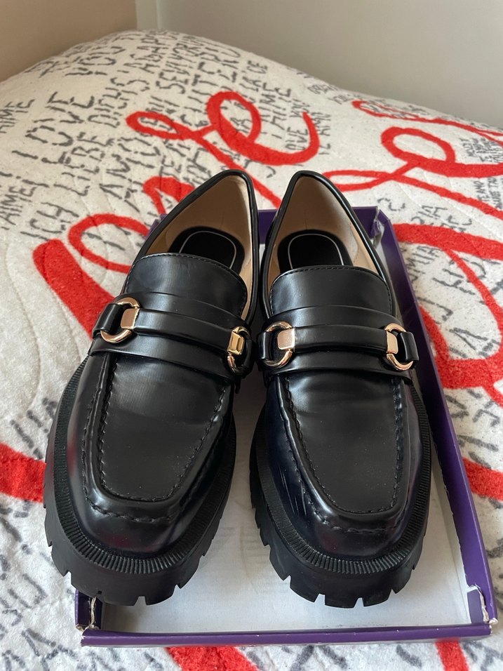 Zara Marka Tokalı Siyah Kadın Loafer Blok Topuk - Görsel 3