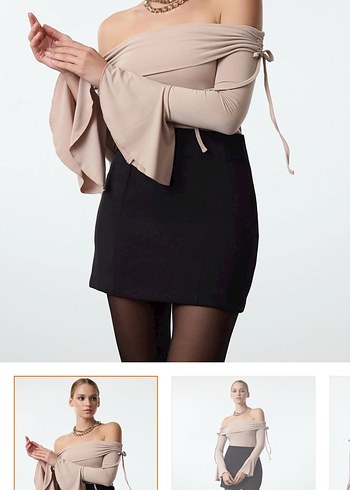 Bej Mini Kadın Bluz, Uzun Kollu, Kayık Yaka - Görsel 4