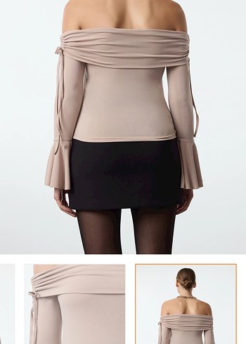 Bej Mini Kadın Bluz, Uzun Kollu, Kayık Yaka - Görsel 2