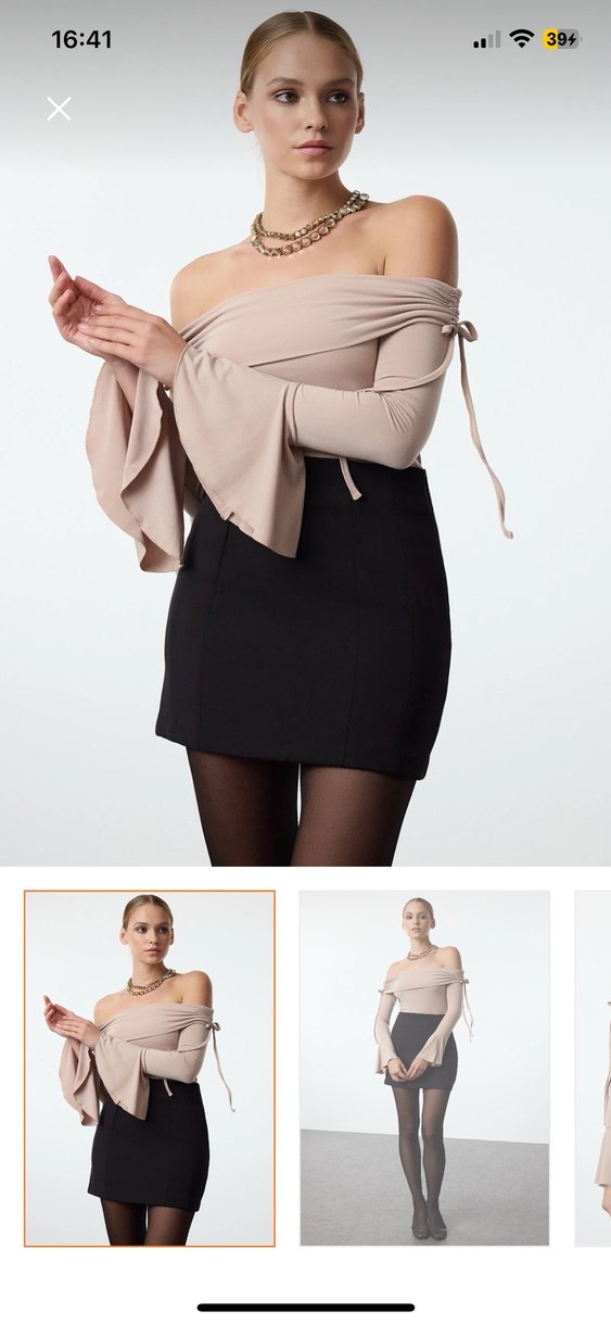 Bej Mini Kadın Bluz, Uzun Kollu, Kayık Yaka - Görsel 4