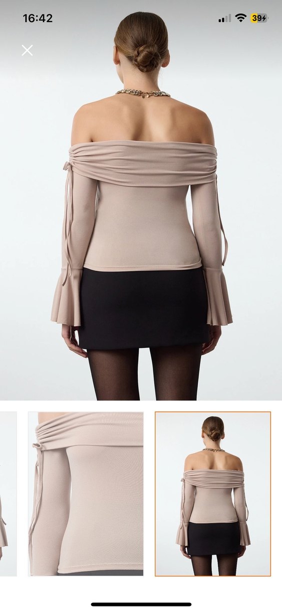 Bej Mini Kadın Bluz, Uzun Kollu, Kayık Yaka - Görsel 2