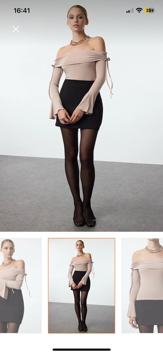 Bej Mini Kadın Bluz, Uzun Kollu, Kayık Yaka - Görsel 3