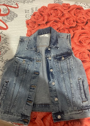 Düğmeli Kolsuz Mavi Denim Ceket - Görsel 5