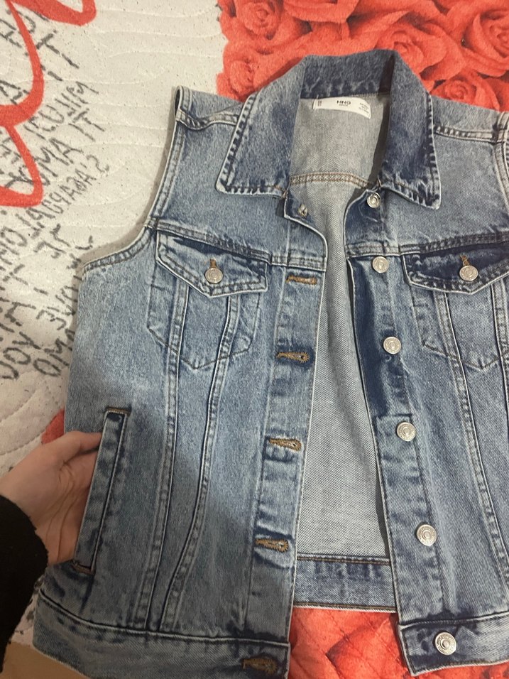 Düğmeli Kolsuz Mavi Denim Ceket - Görsel 3