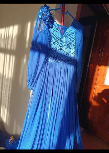 Mavi Uzun Drapeli V Yaka Kadın Elbise - Görsel 2