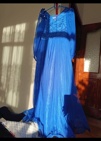 Mavi Uzun Drapeli V Yaka Kadın Elbise - Görsel 3