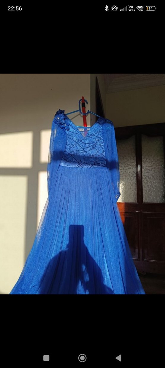 Mavi Uzun Drapeli V Yaka Kadın Elbise - Görsel 4