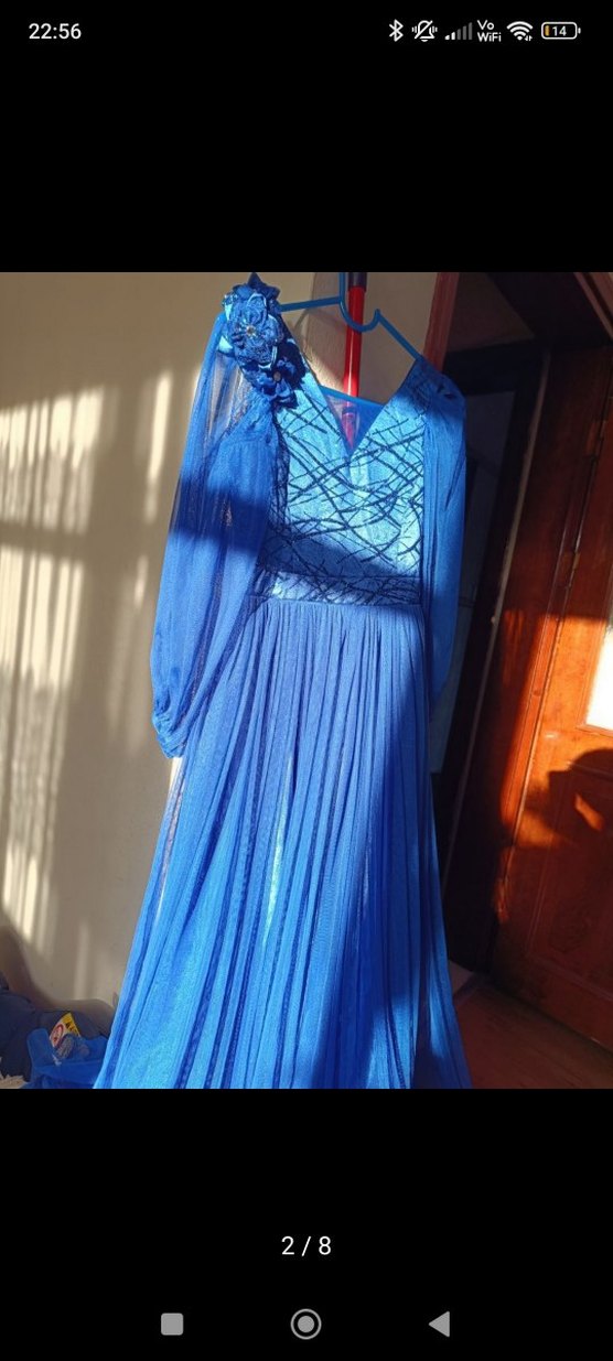 Mavi Uzun Drapeli V Yaka Kadın Elbise - Görsel 2