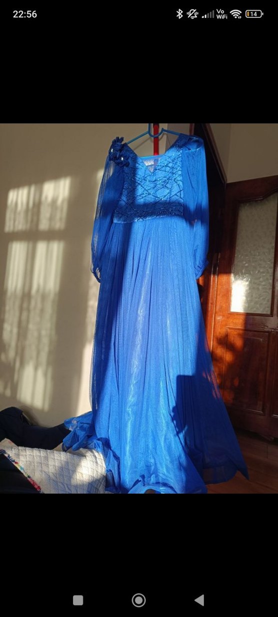 Mavi Uzun Drapeli V Yaka Kadın Elbise - Görsel 3