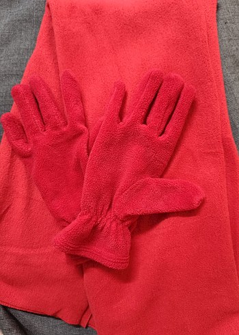 Kırmızı Kadın polar Eldiven ve atkı - Görsel 2