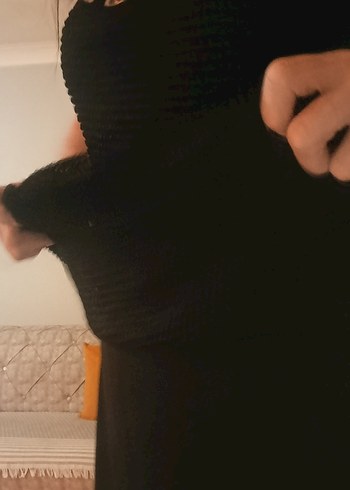 Siyah V Yakalı midi altı astarlı üstü örgülü desenli Elbise - Görsel 6