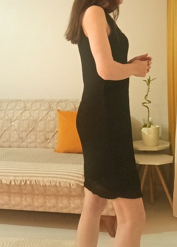 Siyah V Yakalı midi altı astarlı üstü örgülü desenli Elbise - Görsel 2