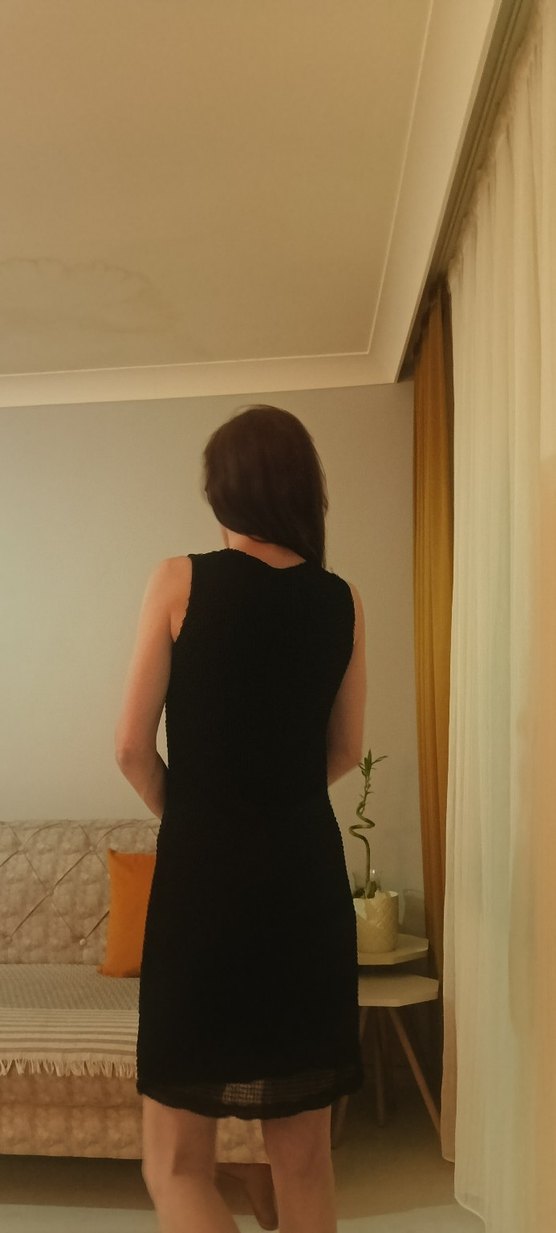 Siyah V Yakalı midi altı astarlı üstü örgülü desenli Elbise - Görsel 5