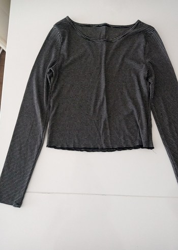 Kadın Çizgili Uzun Kollu Crop Top