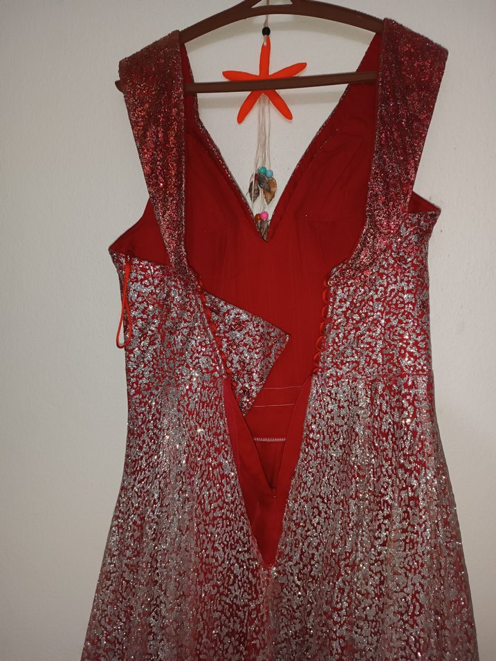 Bordo Parlak V Yaka Uzun Abiye Elbise - Görsel 3