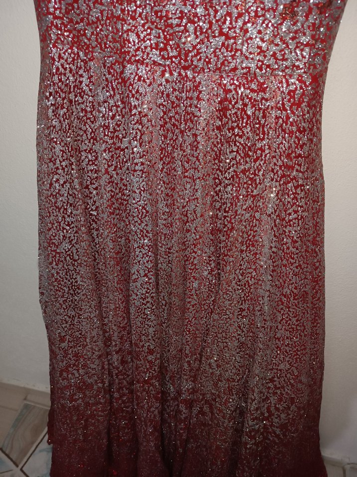 Bordo Parlak V Yaka Uzun Abiye Elbise - Görsel 4