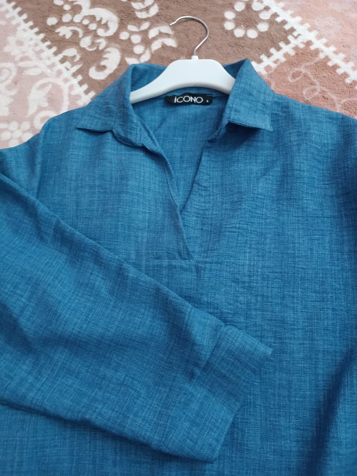 Mavi Keten Kadın Gömlek, Uzun Kollu, Düğmeli - Görsel 3