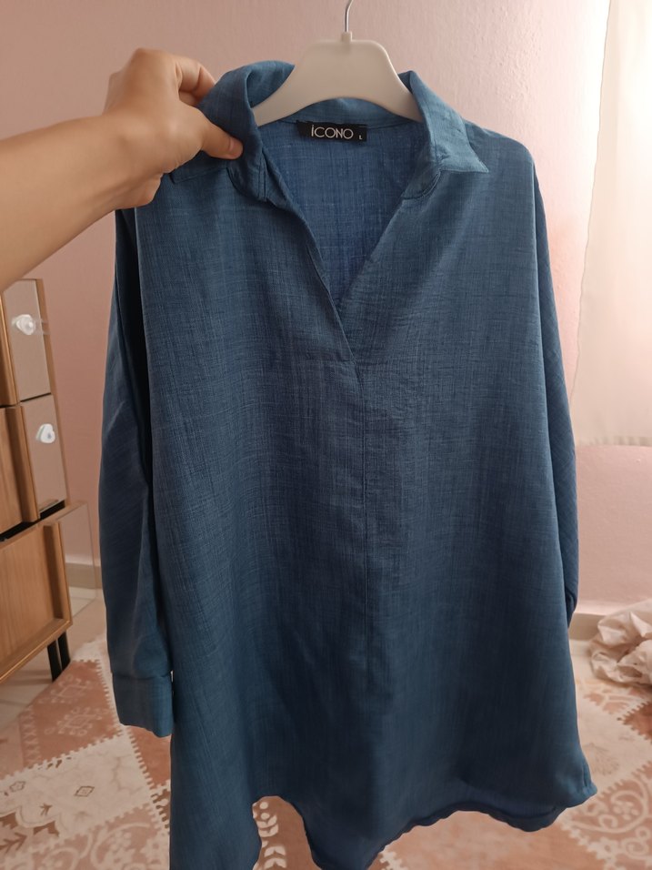 Mavi Keten Kadın Gömlek, Uzun Kollu, Düğmeli - Görsel 2