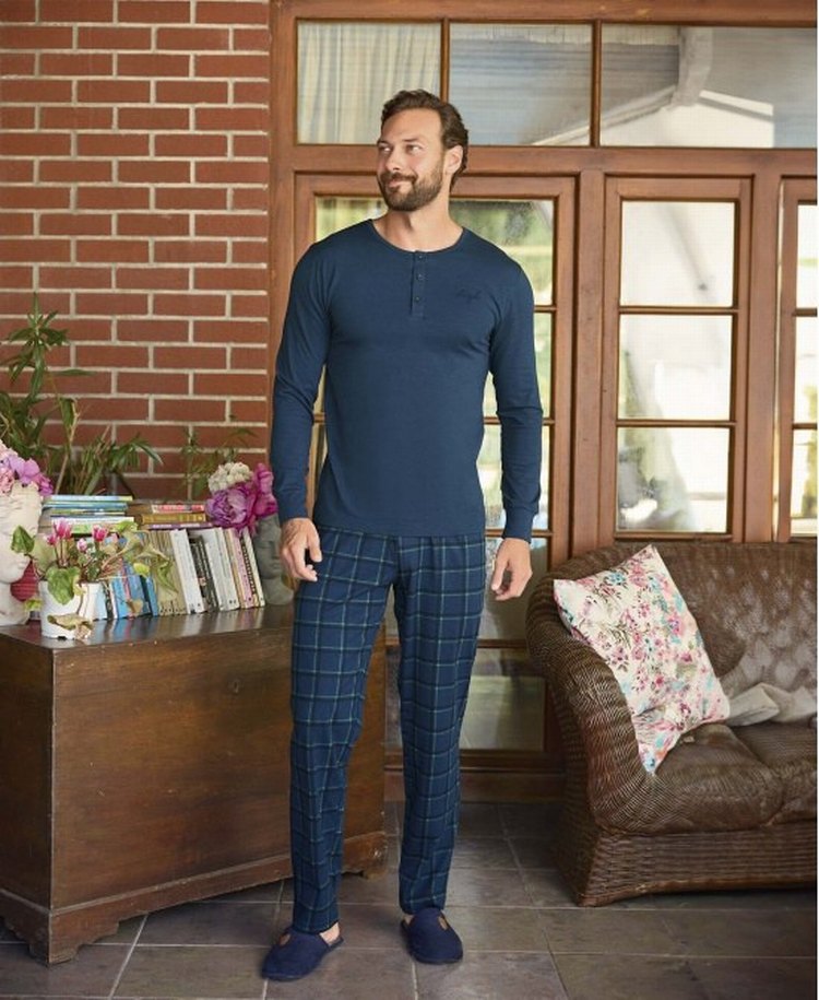 Düğmeli Lacivert Kareli Erkek Pijama Takımı - Görsel 2