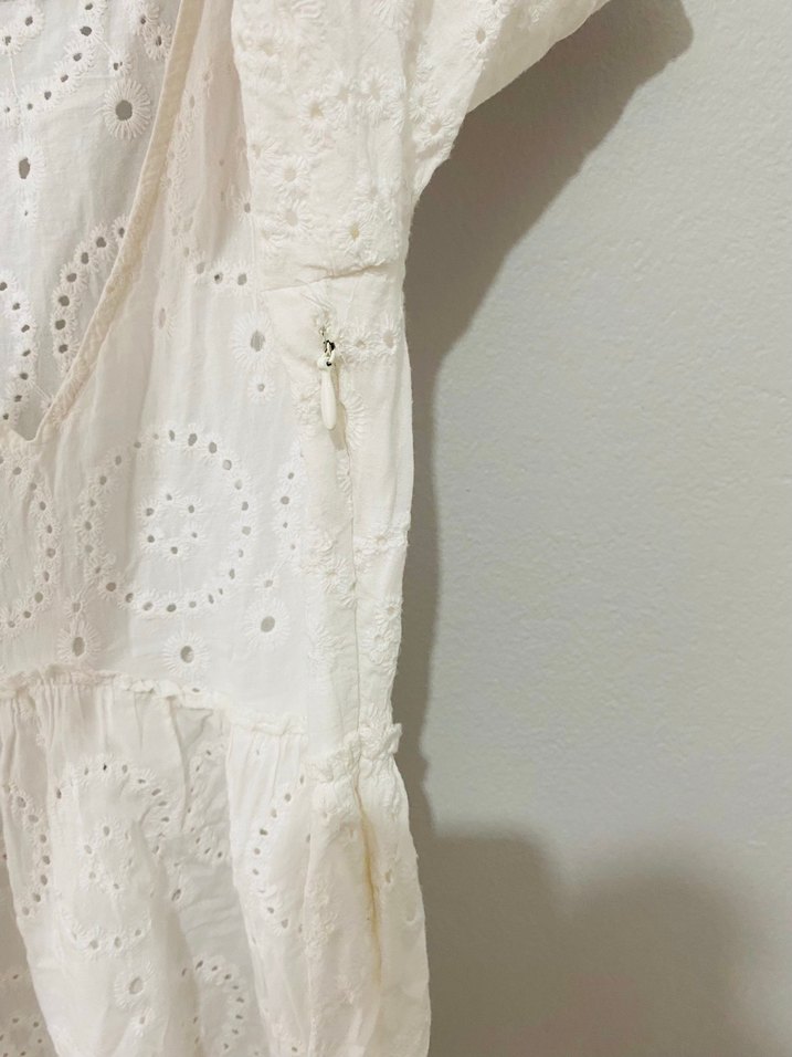 Beyaz V Yakalı Bohem Pamuklu Elbise - Görsel 3