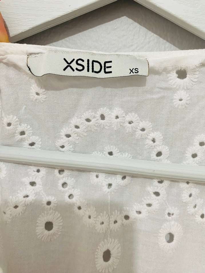 Beyaz V Yakalı Bohem Pamuklu Elbise - Görsel 2