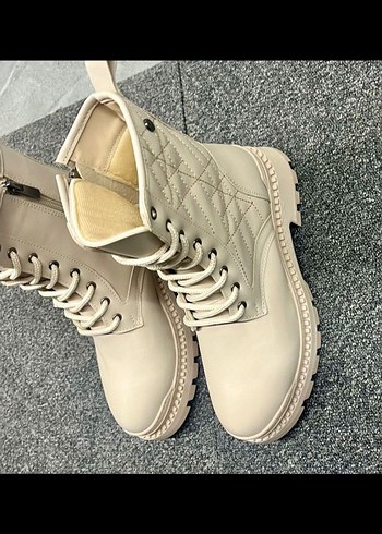 Krem   suni deri Bağcıklı Kadın Botu - Görsel 2