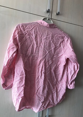 m Beden pembe Renk Pembe Çizgili Uzun Kollu Keten Gömlek